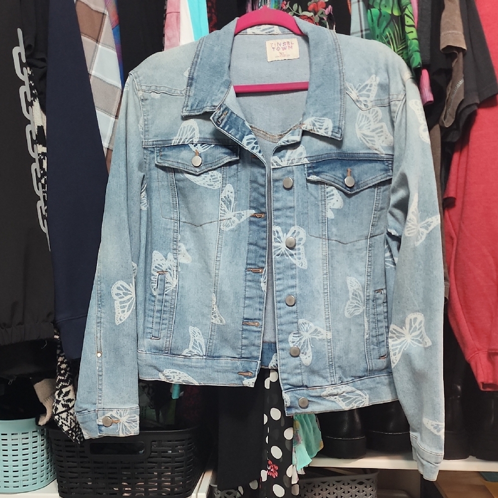 Light Blue Denim Jacket with White Butterfly Design
